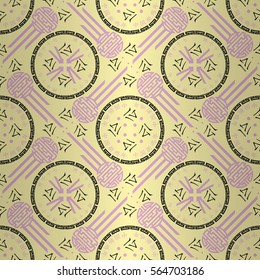 Soft yellow beige fancy seamless pattern in  china style. Hieroglyph translation: Chinese New Year of the Rooster 2017