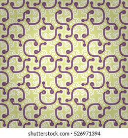 Soft yellow decorative seamless pattern background in tribal style. Classic texture. Colorful, symmetric design for curtain, fabric, web or other purpose. Tangled medley repeatable backdrop.