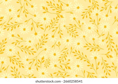 Padrão sem emenda floral amarelo suave com margaridas delicadas e ramos folhosos, perfeito para tecidos inspirados na primavera, papéis de parede e papel de embrulho.