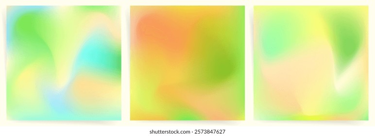 Soft Yellow Green Gradient Background Set. Blurry Pastel Mesh with Flowing Glow. Abstract Warm Fresh Backdrop for Nature Themes.