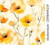 Soft yellow and orange flowers on a cream background, , watercolor flower seamless pattern. Watercolor print in rustic vintage style, textile or wallpaper.