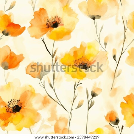 Soft yellow and orange flowers on a cream background, , watercolor flower seamless pattern. Watercolor print in rustic vintage style, textile or wallpaper.