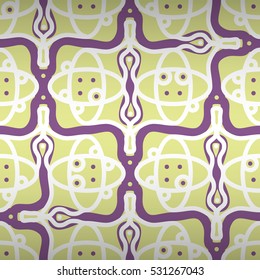 Soft yellow ornamental seamless pattern background in savage tribe style. Actual tracery. Shining, symmetrical design for game, banner, carpet or other purpose.