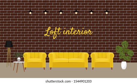 Soft yellow sofa with armchair in loft interior with brick wall. Vector illustration in flat style