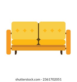 Sofá o sofá amarillo suave para sala de estar icono vectorial plano. Dibujo de dibujos animados o ilustración de mobiliario o elemento para apartamento o casa sobre fondo blanco. Diseño interior, concepto de mobiliario