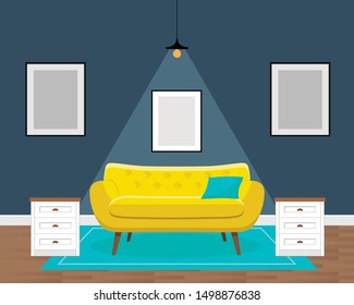 Soft yellow sofa, 
stone, pictures, lamp, floor, rug. Interior design. Modern apartment. Home theme. Vector isolated illustration in flat style.