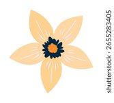 Soft Yellow Star Shaped Flower With A Dark Central Core. Delicate cartoon wild plant. Cute nature herb perfect for invitations, cards, posters, holidays, stickers.