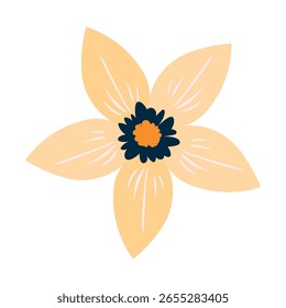 Soft Yellow Star Shaped Flower With A Dark Central Core. Delicate cartoon wild plant. Cute nature herb perfect for invitations, cards, posters, holidays, stickers.