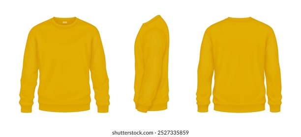 Soft yellow sweatshirts mockup realistic vector illustrations set. Vibrant clothing for cool autumn template 3d model on white background