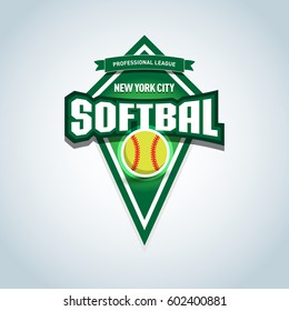 Softbal logo / emblem template. Vector softbal league logo with ball. Sport badge for tournament championship or league. Isolated vector illustration.