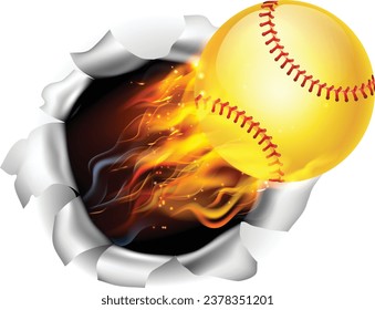 A Softball ball with flames and fire breaking through the background