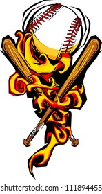 Softball Baseball Ball and Bats Flaming Cartoon Illustration