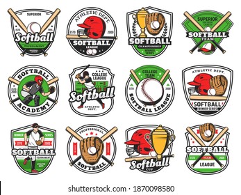 Emblema del club de baloncesto o de baloncesto con bate y pelota, vector, equipo campeón y parche de la liga deportiva. Campeonato de béisbol o sóftbol, torneo universitario y varsity de juegos, guante y casco