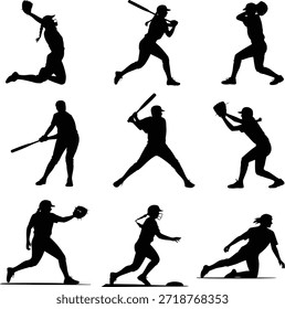 Softball and baseball player icon set. Containing female athletes batting, pitching, catching, sliding into bases, team sports action, and many more.