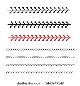 Softball, baseball red lace. Sewing machine stitches zig zag line