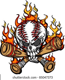 Softball Baseball Skull and Bats Flaming Cartoon Image