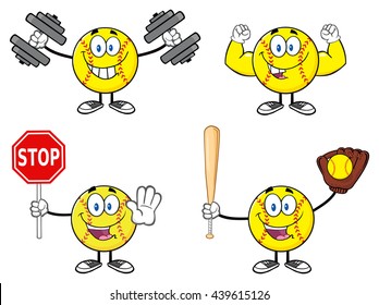 Softball Cartoon Mascot Character. Vector Illustration Isolated On White Background Collection Set 1