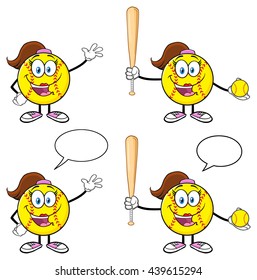 Softball Cartoon Mascot Character. Vector Illustration Isolated On White Background Collection Set 2