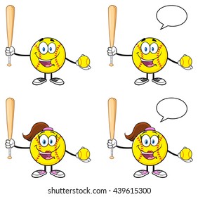 Softball Cartoon Mascot Character. Vector Illustration Isolated On White Background Collection Set 4
