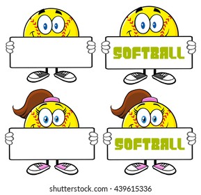 Softball Cartoon Mascot Character. Vector Illustration Isolated On White Background Collection Set 3