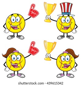 Softball Cartoon Mascot Character. Vector Illustration Isolated On White Background Collection Set 7