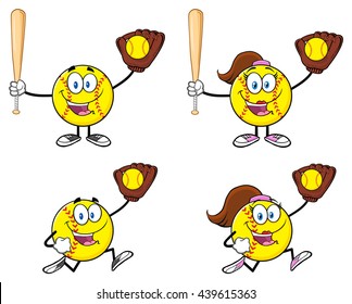 Softball Cartoon Mascot Character. Vector Illustration Isolated On White Background Collection Set 6