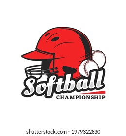 Softball championship icon with red player helmet and balls. Vector emblem for baseball tournament. Sport equipment for playing game safety cap with balls, design element isolated on white background