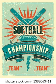 Softball Championship typographical vintage grunge style poster. Retro vector illustration.