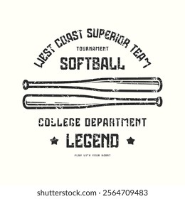 Softball college team typographic emblem with rough texture. Thin line style design for t-shirt. Black print on white background