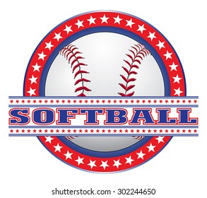 Softball Design - Red White and Blue is an illustration of a softball design done in red white and blue. Includes a baseball, circle of stars and softball.