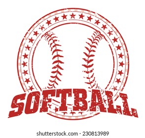 Softball Design - Vintage Is An Illustration Of A Softball Design In Vintage Distressed Style With A Circle Of Stars. The Distressed Look Is Removable In The Vector Version Of The Art.