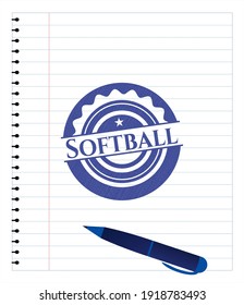 Softball draw with pen effect. Blue ink. Vector Illustration. Detailed. 