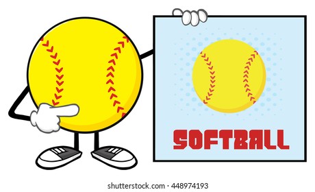 Softball Faceless Cartoon Mascot Character Pointing To A Sign With Text Softball. Vector Illustration Isolated On White Background