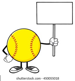 Softball Faceless Cartoon Mascot Character Holding A Blank Sign. Vector Illustration Isolated On White Background