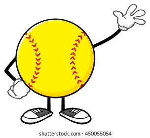 Softball Faceless Cartoon Mascot Character Waving For Greeting. Vector Illustration Isolated On White Background