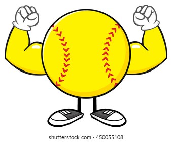 Softball Faceless Cartoon Mascot Character Flexing. Vector Illustration Isolated On White Background