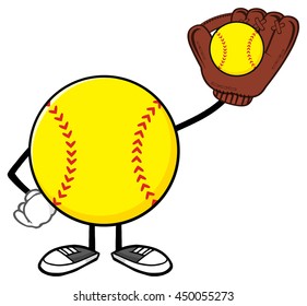 Softball Faceless Player Cartoon Character Holding A Bat And Glove With Ball. Vector Illustration Isolated On White Background

