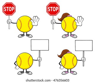Softball Faceless Player Cartoon Character 6. Vector Collection Set Isolated On White Background