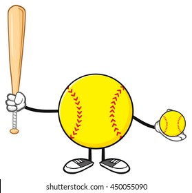 Softball Faceless Player Cartoon Mascot Character Holding A Bat And Ball. Vector Illustration Isolated On White Background