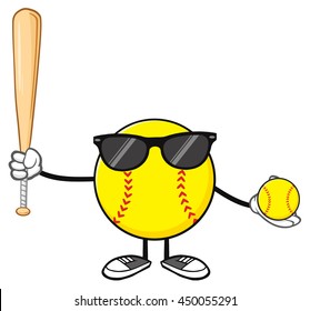 Softball Faceless Player Cartoon Mascot Character With Sunglasses Holding A Bat And Ball. Vector Illustration Isolated On White Background