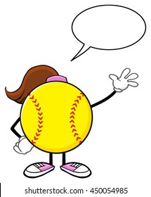 Softball Girl Faceless Cartoon Mascot Character Waving For Greeting With Speech Bubble. Vector Illustration Isolated On White Background

