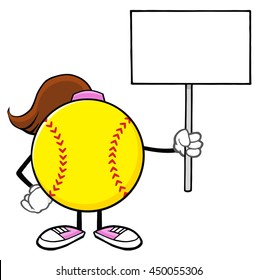 Softball Girl Faceless Cartoon Mascot Character Holding A Blank Sign. Vector Illustration Isolated On White Background

