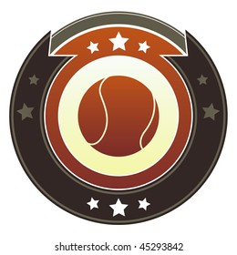 Softball icon on round red and brown imperial vector button with star accents