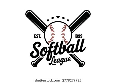 A softball league with crossed bats, a central ball, five stars, and script text. Isolated on a white background, flat
