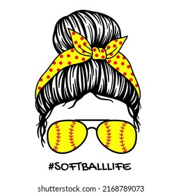 Softball life. Women face with aviator glasses, bandana. Vector illustration.  Isolated on white background. Good for posters, t shirts, postcards.