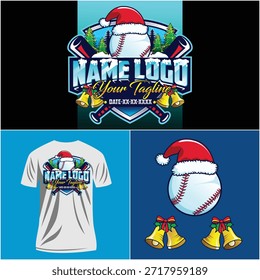Softball logo template design. Softball tournament winter theme. Happy new year. Baseball ball in santa hat