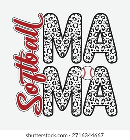 Softball Mama Design mit fetten Leopardendruckbuchstaben und Softball Akzent perfekt für stolze Sport Mütter und Familie Fans trendigen athletischen Vektor ideal für T-Shirt Print Aufkleber oder Poster Spaß modisches Design für Spieltagsfreunde Team-Unterstützer und Softball-Familie inspirierte Mode