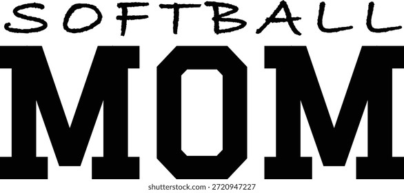 "SOFTBALL MOM" Ilustración vectorial de tipografía universitaria. Texto audaz de estilo universitario con líneas limpias y pesadas aisladas sobre fondo blanco. Gráfico deportivo de Profesional para ropa de día de juego, Mercancía de espíritu de equipo y corte de vinilo.
