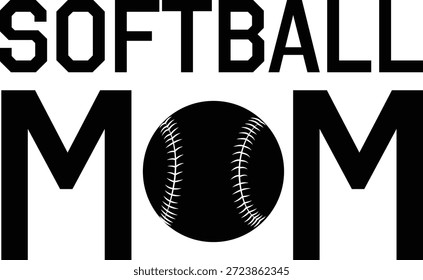 "SOFTBALL MOM" Ilustración vectorial de tipografía universitaria. Texto sans-serif negro con un icono realista de softball cosido en rojo aislado sobre fondo blanco. Gráfico deportivo de Profesional para ropa de Asistencia para padres, equipo escolar y corte de vinilo.