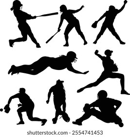 Softball player athlete silhouettes vector illustrations